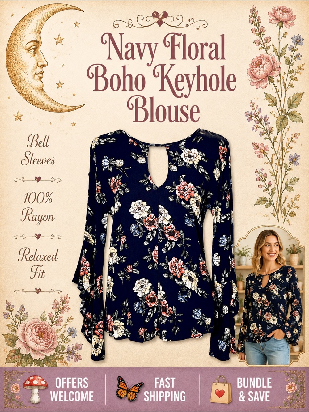 Gypsies & Moondust Navy Floral Blouse Keyhole Neck Bell Sleeves XL